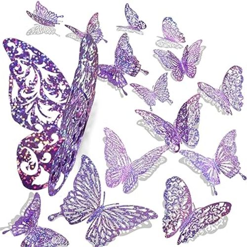 60 Pcs 3D Sequined Purple Butterfly Wall Decor Stickers, 5 Styles 3 Sizes, Holographic Butterfly Decor for Kids Dorm Room & Wedding Decor