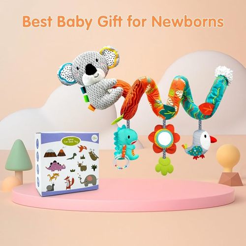 XIXILAND Car Seat Toys Baby Toys 0-3 Months, Stroller Toys Infant Toys 0-6 Months Newborn Toys 0 3 Months Brain Development, Carseat Toys for Infants 0-12 Months with Dinosaur, Lion Mirror, Teether - Multicolored