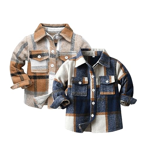 Feidoog Toddler 2 Pack Baby Boys and Girls Plaid Shirts Jacket Long Sleeve Lapel Button Down Top Outwear Clothes