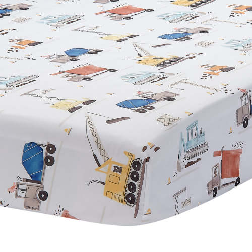Construction Zone Baby Fitted Crib/Toddler Sheet- White/Trucks – Lambs & Ivy