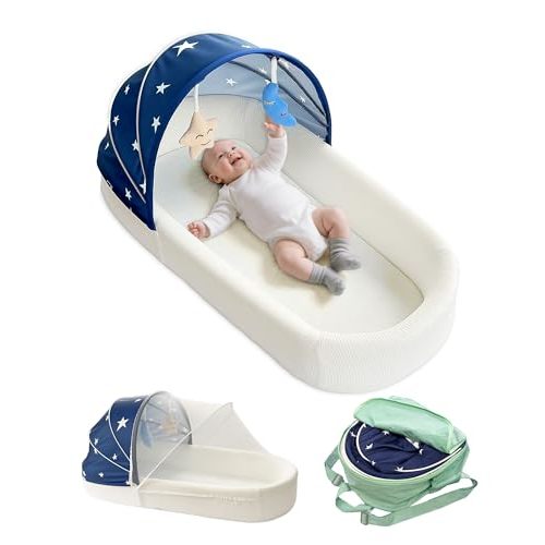 Large Portable Baby Lounger Nest-Travel Bassinet,Canopy & Mosquito Net-Lightweight Foldable Bassinet Lounger Cotton Cover & Supportive Mattress pad Washable Indoor-Outdoor Use,Blue