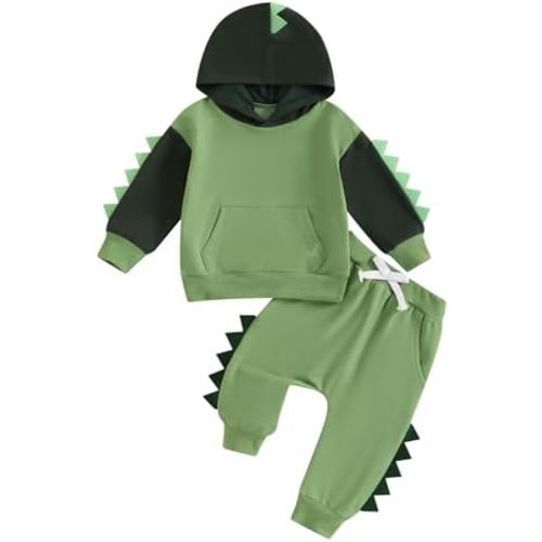 Infant Baby Boys Hooded Clothes Set Dinosaur Print Color Block Sweatshirt Pants Set Toddler Boy Fall Winter Outfit