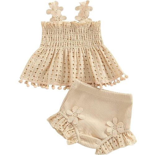 Murnouche Newborn Baby Girl Summer Clothes Sleeveless Floral Top Ribbed Shorts Boho Outfit Set - 6-12 Months - D Beige