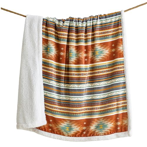 Indigo Hill by HiEnd Accents Del Sol Aztec Sherpa Throw Blanket, Tribal Navajo Print Western Blanket for Camping Outdoor, Southwestern Sherpa Fleece Blanket for Couch, Sofa, Bed, 54x68 inch