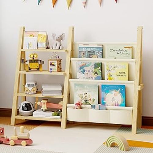 Toy Storage Organizer with Kids Bookshelf, Wooden Toy Organizer Book Shelf for Kids Rooms, Nursery, Playroom, Child, Baby, Toddler Bookcase, Toys Rack Fabric Sling Book Shelves, Natural Wood