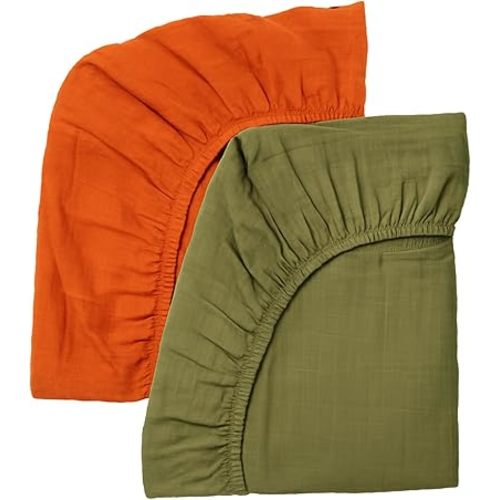 Salt Earth 100% Organic Cotton Muslin Standard Fitted Crib Sheet, 52"x28", 2 Pack Soft Breathable Natural Cotton Sheets Baby Mattress Bed Sheets, No Slip Neutral Baby Crib Sheet (Green & Rust)