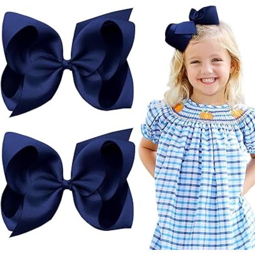Oaoleer Navy Layered Grosgrain Ribbon Barrettes Hair Clips, Hair Accessories for Baby Girls, Infants, Toddlers, Kids, Teens, Children (6inch-Type A)