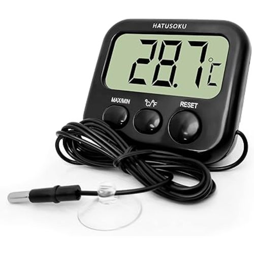 Digital Thermometer with External Sensor, Magnet, Suction Cup, Water Thermometer, Aquarium, Refrigerator, Freezer (Black)