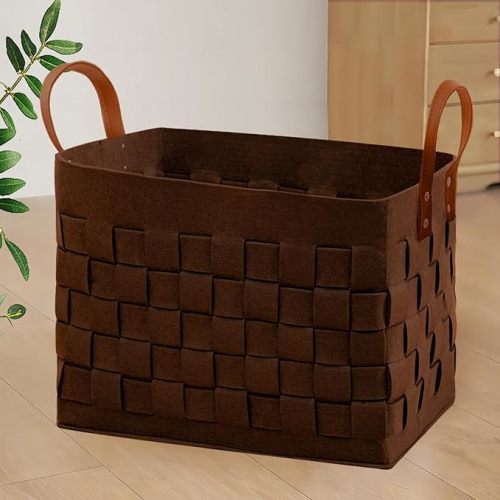 Laundry Basket 16.5" x13 " x13 ", Large Rectangular Felt Fabric Blanket Basket with Leather Handle, Dirt Clothes Laundry Hamper for Babies, Dogs and Living Room-Brown