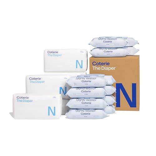 Coterie Baby Diapers + Wipes Baby Kit, Size NB (186 Count) + 12 Wipe Packs (672 Wipes) Made with Plant Derived Fibers, Hypoallergenic, Designed for Sensitive Skin, Clean Ingredients