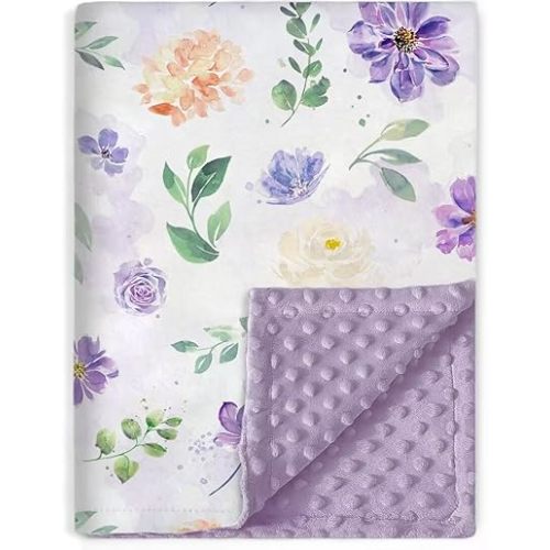 BORITAR Baby Blanket Super Soft Double Layer Minky with Dotted Backing for Girls, Receiving Blanket with Elegant Purple Floral Printed Blanket 30 x 40 Inch(75x100cm)