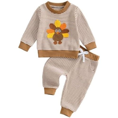 Toddler Baby Boy Girl Thanksgiving Outfit Turkey Embroidery Striped Waffle Knit Long Sleeve Sweatshirt and Pants Set