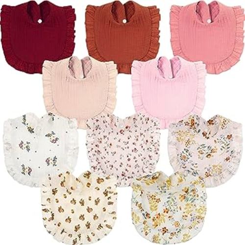 10 Pcs Muslin Baby Bibs Drool Teething Bibs Lap Shoulder Baby Bibs Cotton Drool Bibs Absorbent Baby Bandana Bibs for Unisex Boys Girls 0-6 Months Baby Teething and Drooling (Elegant Colors)