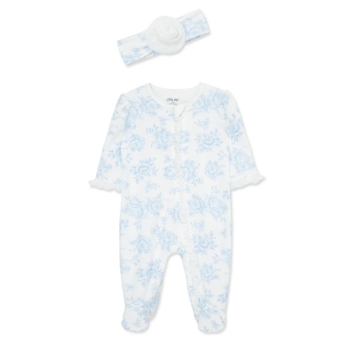 Blue Roses 2-Way-Zip Footed One-Piece And Headband