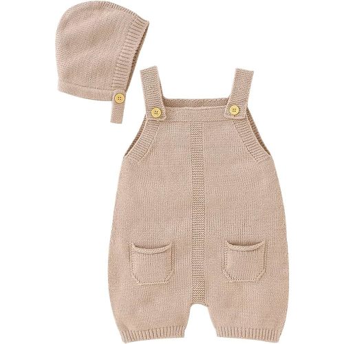 JNBLDA Baby Knitted Romper Newborn Sleeveless Sweater Outfit Infant Jumpsuit for Boy and Girls with Warm Hat Set - 0-3Months - Khaki
