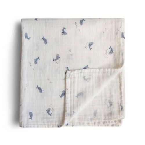 Mushie Muslin Swaddle Blanket Organic Cotton -whales