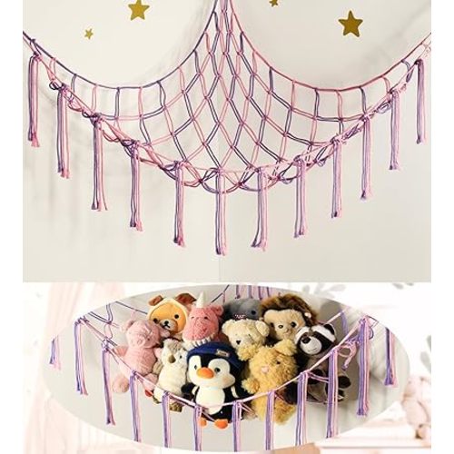 Large Stuffed Animal Hammock Corner Net for Toys Storage Hanging Stuff Animal Organizer Holder Pink Purle Girls Room Bedroom Boho Nursery Decor
