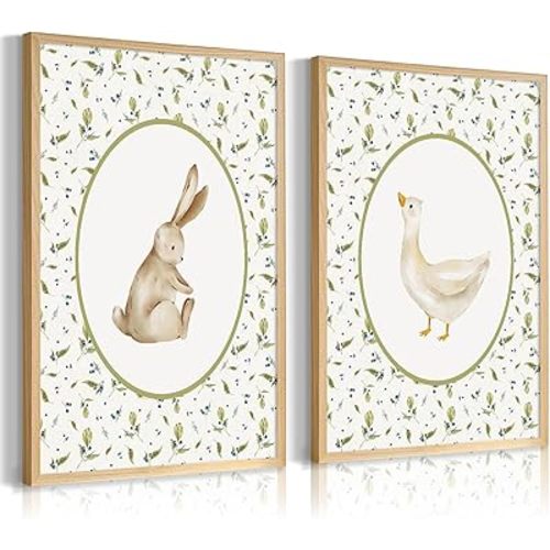 Vintage Nursery Wall Art Cute Goose Canvas Poster Bunny Wall Decor Baby Kids Poster Rabbit Duck Prints Cute Animal Pictures Pale Green Painting Artwork for Gallery Bedroom 16x24 Inch Unframed Set of 2