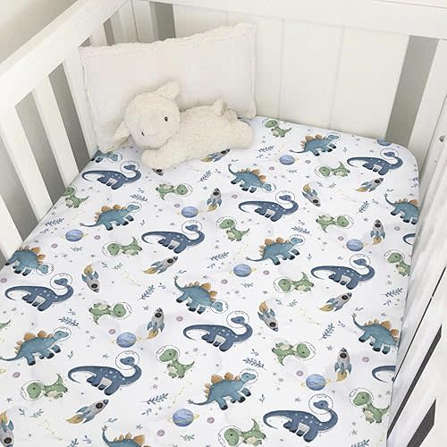 Watercolor Space Dinosaurs Baby Crib Sheet 52''x28'' Cute Dinosaur Rockets Planet Stars Leaves Snug Fitted Crib Mattress Cover for Boy Girl Soft Baby Bed Sheet for Standard Crib and Toddler Mattress