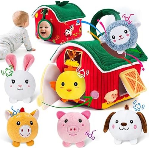 Baby Toys 6-12 Months, Barn Toy with Stuffed Farm Animals - Rattle, Crinkle Paper, Montessori Toys for 1 Year Old, Sensory Toy for Toddlers 1-3 Birthday Gifts Infant Christmas Stocking Stuffers