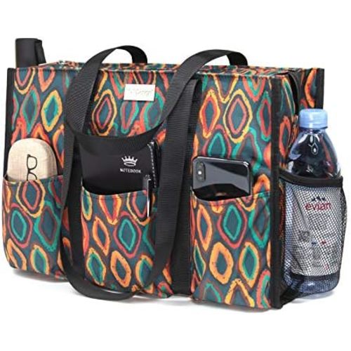 TOPDesign Utility Water Resistant Tote Bag with 13 Exterior & Interior Pockets, Top Zipper Closure & Thick Bottom Support