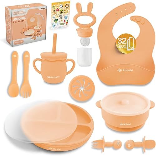 Silicone Baby Feeding Set - Infant Tableware for First Foods & Baby, Led Weaning (0+ Months), Easy to Clean, Durable, Perfect for Baby Boy or Girl, Solid Feeding - Peach - Standard