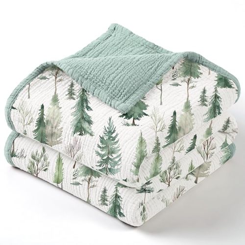 lulumoon Muslin Baby Blanket Neutral: Lightweight Cotton for Toddler - Ideal for Christmas & Registry Gift 47" x47(Pine Forest)