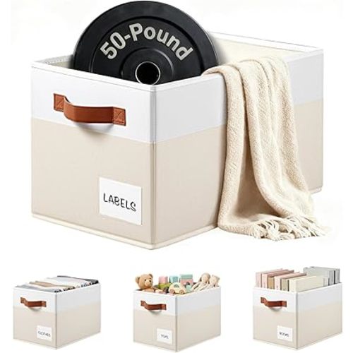 4 Pack Large Closet Storage Baskets for Shelves - 14x10 Heavy Duty Closet Shelf Organizer Bins with Handles & Labels - Decorative Collapsible Baskets for Organizing Living Room Bedroom Nursery Dorm