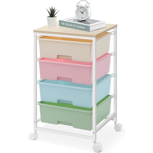 Utility Cart with 4 Drawers,Rolling Storage Cart with Drawers,Storage Rolling Drawer Cart with Wooden Tabletop for Bedroom,Kid's Room,Dorm,Classroom,Office,Rainbow