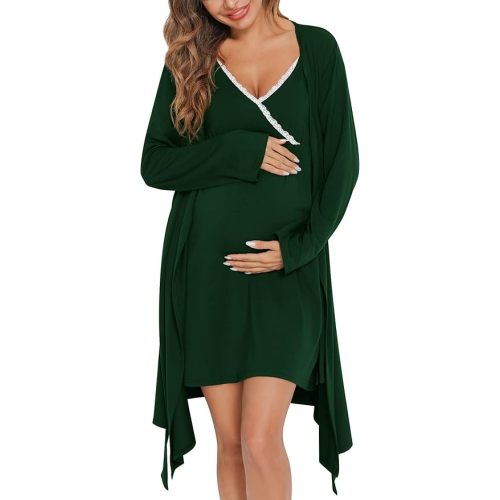 Womens Hospital Gown Maternity Robe 2 Piece Nursing Nightgown for Breastfeeding 3 in 1 Labor Delivery Nursing Dress Lace Bathrobe