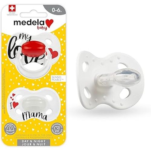 Medela Baby Pacifier | Day and Night Glow in The Dark | 0-6 Months | 2-Count, Lightweight | BPA-Free | Supports Natural Suckling | My Love and I Love Mama