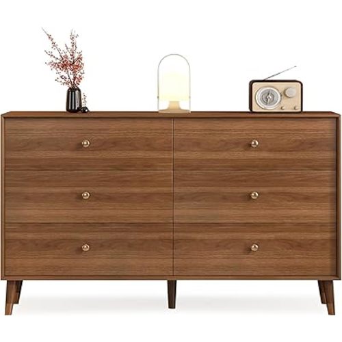 6 Drawer Dresser For Bedroom, 47 Inch Dresser for Closet with Walnut Frame, Modern Solid Wood Chest of Drawers with Natural Texture & Pre-Embedded Slots For TV Stand, Living Room, Hallway, Office