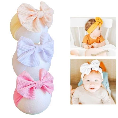 Hjiaruiky 3PCS Baby Girl Bows Baby Headbands Newborn Bow Big Stretchy Nylon Headbands for Baby Girls Hair Bows Hair Accessories for Infant White Pink Beige