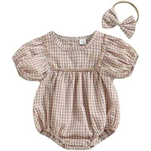 Infant Baby Girl Summer Outfit Plaid Romper Boho Short Sleeve Ruffle Bodysuit with Headband Clothes