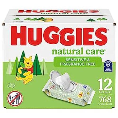 Huggies Natural Care Sensitive Baby Wipes, Unscented, Hypoallergenic, 99% Purified Water, 12 Flip-Top Packs (768 Wipes Total), Packaging May Vary
