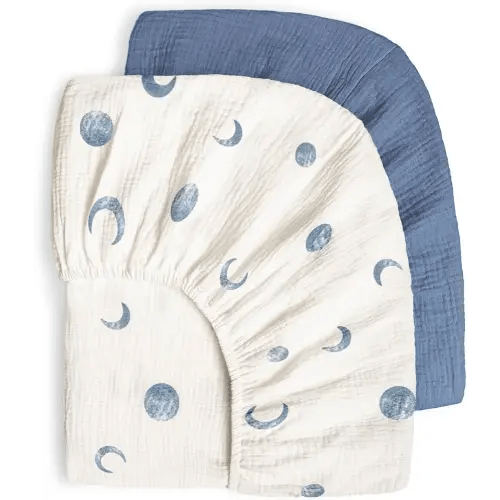 Muslin Crib Sheets 100% Cotton Baby Crib Sheets Fitted for Standard Crib Mattress & Toddler Bed Mattress 52"x28" Soft Breathable Crib Sheets Neutral for Boys Girls - 2 Pack (Blue Crescent)