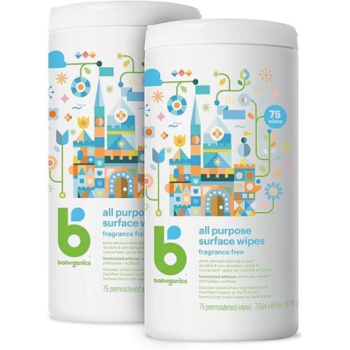 Babyganics All Purpose Surface Wipes, Fragrance Free, 75 Count (Pack of 2), Plant Based and Non-Abrasive, No Ammonia, No Bleach