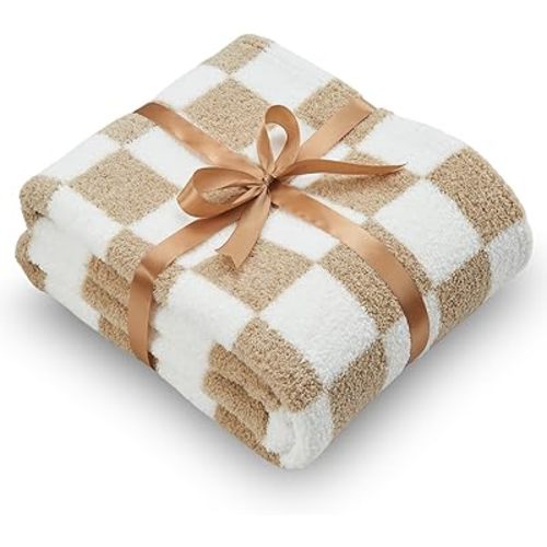 NEWCOSPLAY Knitted Brown White Checkered Blanket Super Soft Plush Throw for Couch Fuzzy Fluffy Microfiber Lightweight Blanket for Bed Sofa All Season Use (Brown White, Throw(50"x60"))