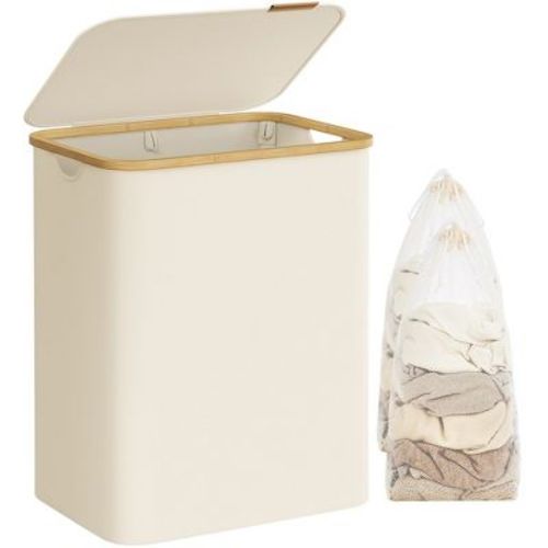 SONGMICS 130L Laundry Hamper with Lid 3-Section Large Laundry Basket Removable Mesh Liner Bamboo Handles Collapsible Cream White