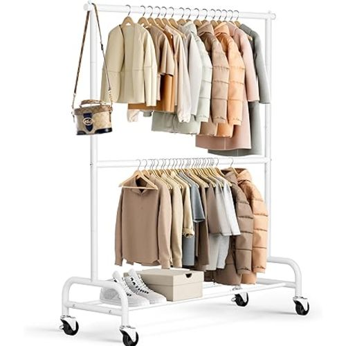 MISSLO Heavy Duty Clothing Racks for Hanging Clothes Rack Double Rod Garment Rack Rolling Closet Wardrobe Rack on Wheels, Metal, Adjustable, White