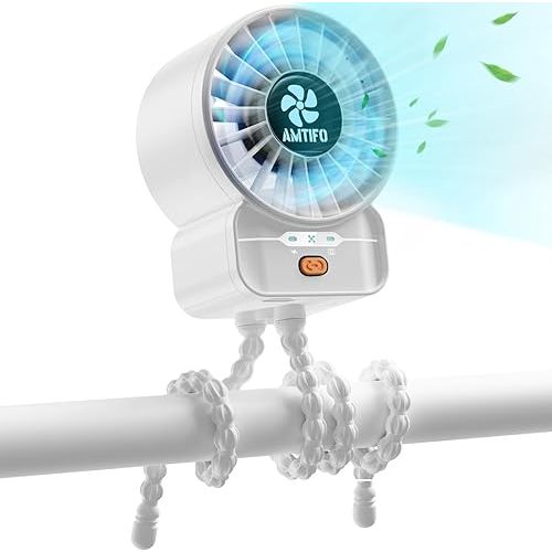 AMTIFO White Baby Fan - USB Rechargeable, Turbo Cooling, Quiet, Adjustable Speeds, Portable Stroller Fan for Babies, Car Seats, Nurseries, and Outdoor Activities, Long Battery Life