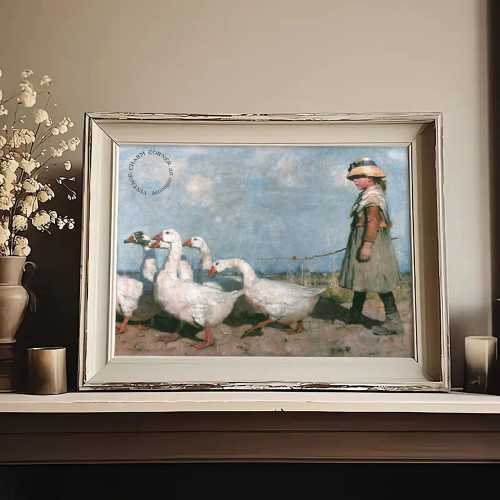 Vintage Girl Walking With Geese Art Print Digital Download Country Wall Art Rustic Farmhouse Decor Cottagecore Printable Landscape Painting