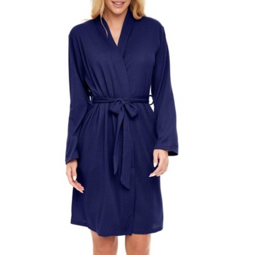 ADR Women's Soft Ribbed Waffle Rib Knit Wrap Robe with Pockets, Lightweight Bathrobe, Color: Navy blue, Size: large