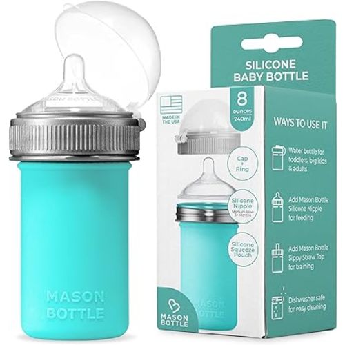 Mason Bottle Silicone Baby Bottle for Baby w/Breast Like Nipple (Medium Flow for 3+ Months) - BPA & BPS-Free, Non-Toxic Breast Feeding Bottle - Silicone Squeeze Pouch - Made in USA (8oz, Teal)