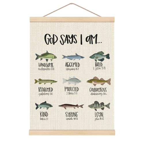 HKTZM Christian Bible Scripture God Says I am Fishing Wooden Poster Hangers 12.5x17 Inch,Home Kids Room Nursery Playroom Decor,Fishing Gifts for Kids Girls Boys,Christian Gifts for Women Teen Girls