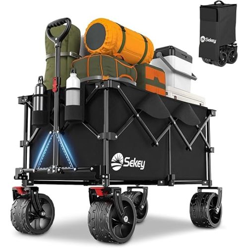 Sekey 220L Collapsible Foldable Wagon with 330lbs Weight Capacity, Heavy Duty Folding Utility Garden Cart with Big All-Terrain Beach Wheels & Drink Holders. Black
