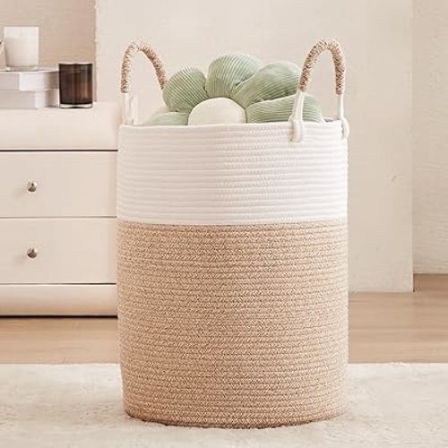 Hamper Laundry Basket Tall Woven Clothes Hamper for Baby Girls Nursery Kids Cotton Rope Blanket Basket in Living Room Bathroom Bedroom Brown 60L Large Capacity