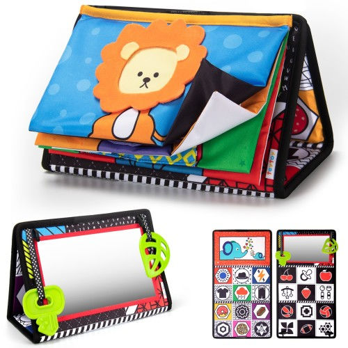 Teytoy Tummy Time Floor Mirror with Crinkle Cloth Book and Teethers, High Contrast Black and White Baby Toys, Developmental Montessori Sensory Crawling Toy for Newborn Infant 0 3 6 Months Gift