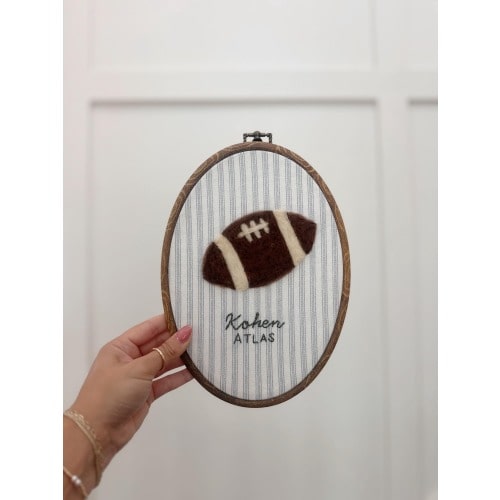 Personalized Football Nursery Wall Art – Custom Needle Felt Sports Decor with Baby Name – Handmade Embroidered Keepsake for Boys’ Room