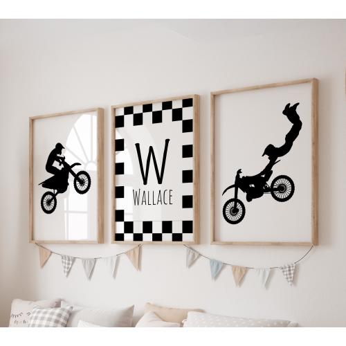 Custom Motocross Prints, Set of 3 Dirt Bike Nursery Wall Art, Boho, Baby Boy Nursery Decor, Watercolor Motorcycle, Personalized Name Sign